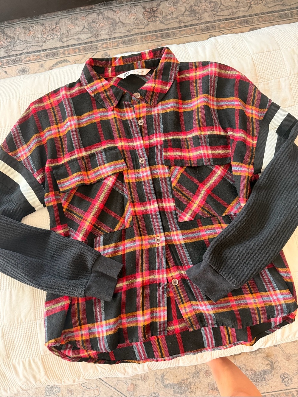 SO Red Black Plaid Button-Down Shirt with Black Waffle Sleeves